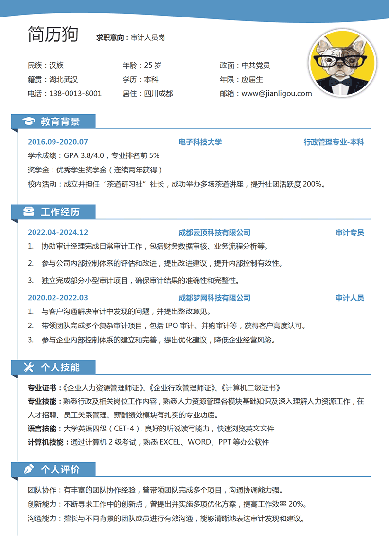 审计人员简历模板