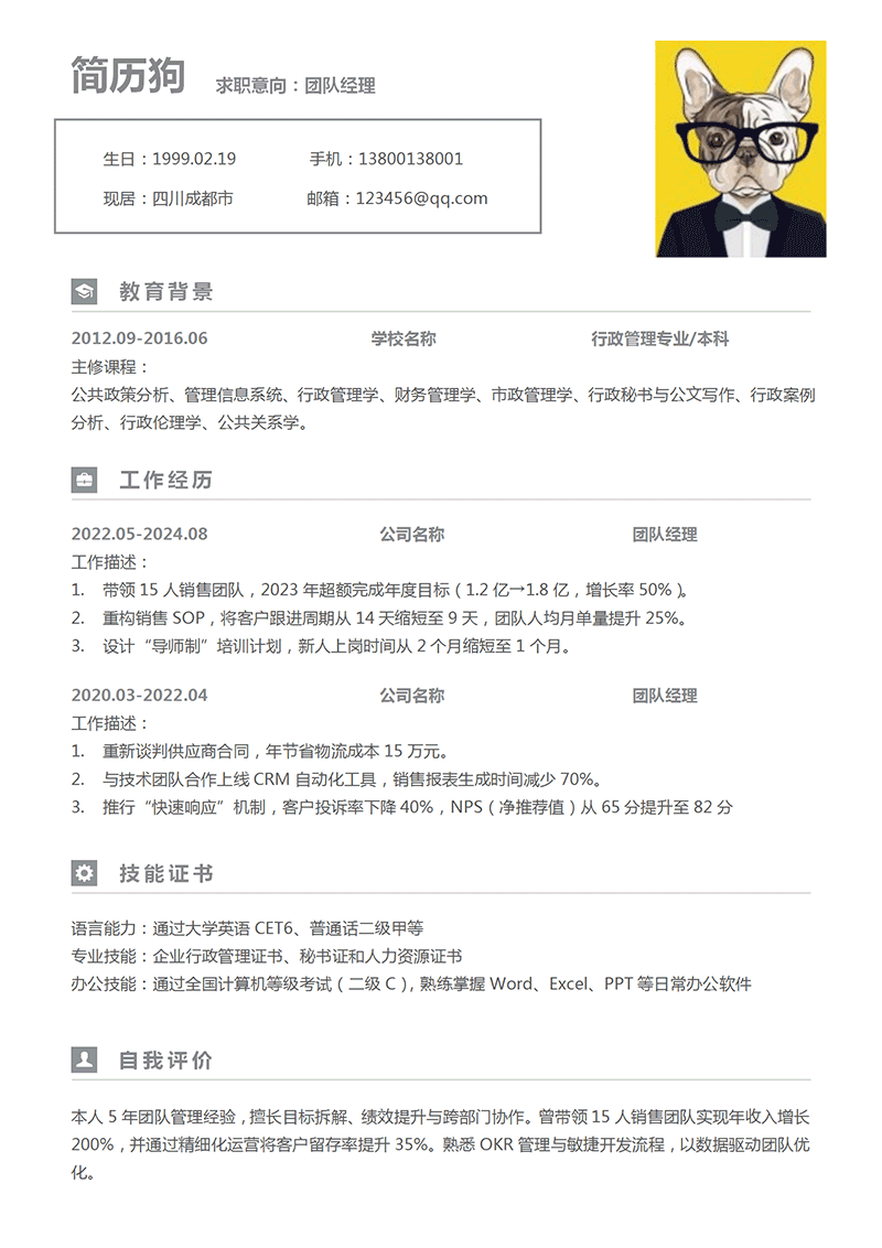 团队经理简历模板