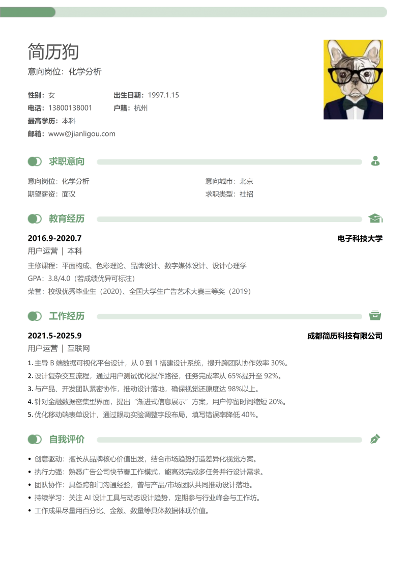 化学分析简历模板