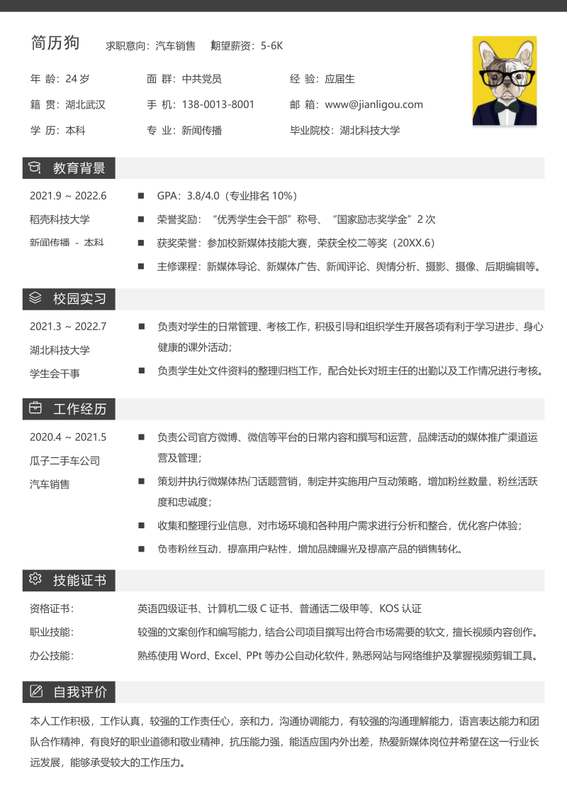 汽车销售简历模板